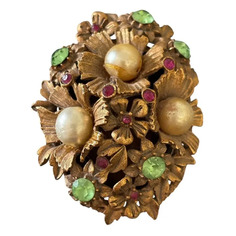 Vintage FLORENZA Trinket Jewelry Box Pink Green Rhinestone Gold Tone